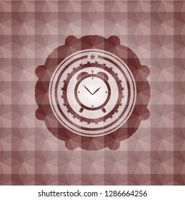 alarm clock icon inside red emblem or badge with geometric pattern background. Seamless.