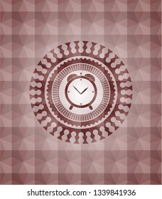 alarm clock icon inside red emblem with geometric pattern. Seamless.