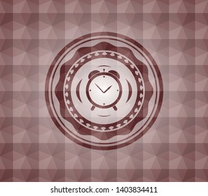 alarm clock icon inside red badge with geometric pattern background. Seamless.