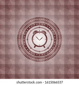 alarm clock icon inside red emblem with geometric pattern. Seamless.