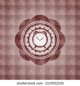 alarm clock icon inside red emblem with geometric pattern. Seamless. 