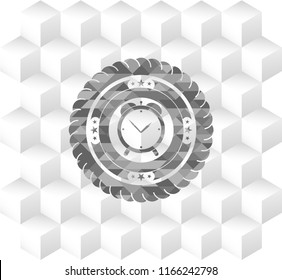 alarm clock icon inside retro style grey emblem with geometric cube white background