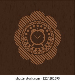alarm clock icon inside retro wooden emblem