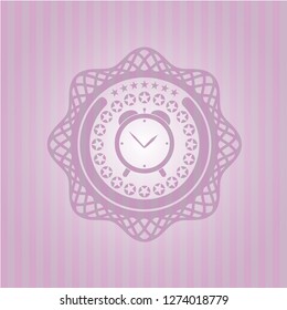 alarm clock icon inside retro style pink emblem