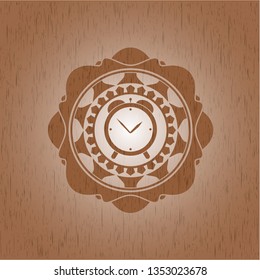 alarm clock icon inside retro style wood emblem