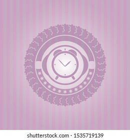alarm clock icon inside retro style pink emblem