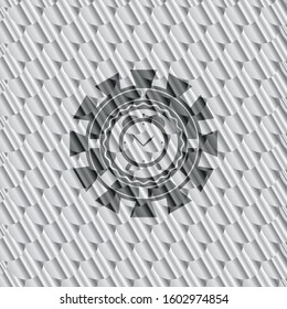 alarm clock icon inside shiny silver badge. Scales pattern. Vector Illustration. Detailed.