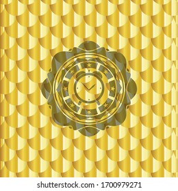 Wecker-Ikone in glänzendem goldenen Button. Skaliert Muster. Vektorillustration Illustration. Detaillierte Angaben.