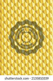 alarm clock icon inside shiny golden badge. Scales pattern. Vector Illustration. Detailed. 