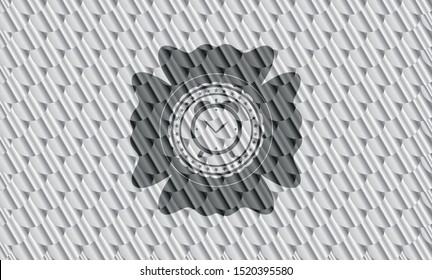 alarm clock icon inside silver badge. Scales pattern. Vector Illustration. Detailed.