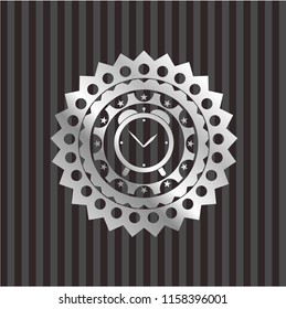 alarm clock icon inside silvery badge or emblem
