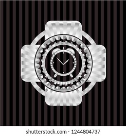 alarm clock icon inside silvery badge or emblem