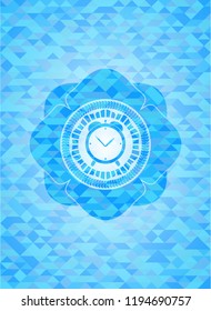 alarm clock icon inside sky blue emblem with mosaic ecological style background