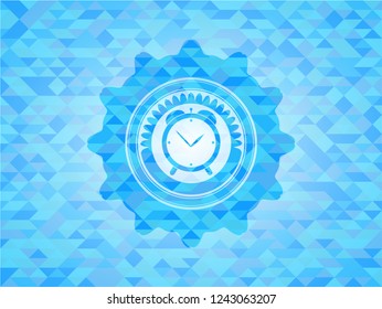 alarm clock icon inside sky blue emblem with mosaic ecological style background