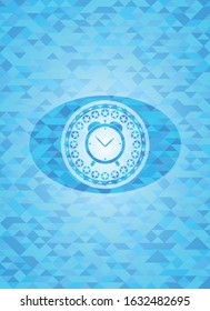 alarm clock icon inside sky blue emblem with mosaic background