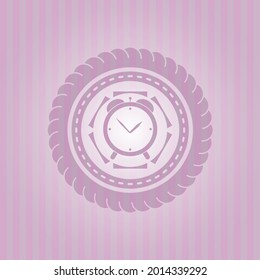 icono del reloj de alarma dentro del emblema rosa vintage. Diseño de vectores. 