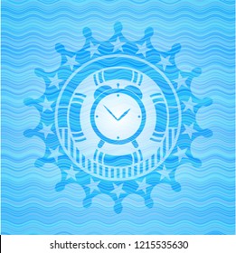 alarm clock icon inside water wave concept style emblem.