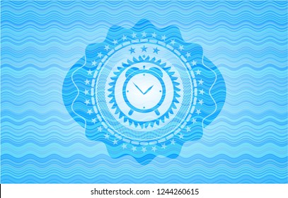 alarm clock icon inside water wave concept style emblem.