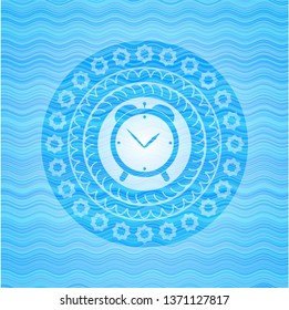 alarm clock icon inside water wave concept badge background.