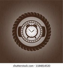 alarm clock icon inside wood emblem. Retro