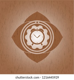 alarm clock icon inside wood emblem. Vintage.