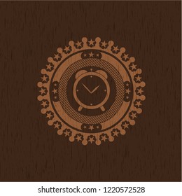 alarm clock icon inside wooden emblem. Retro