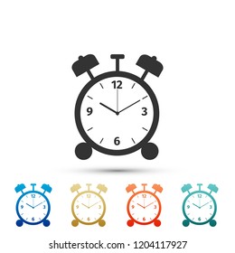 Alarm clock icon isolated on white background. Wake up, get up concept. Time sign. Set elements in colored icons. Flat design. Vector Illustration