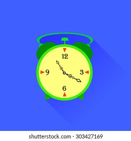 Alarm Clock Icon Isolated on Blue Background. Long Shadow