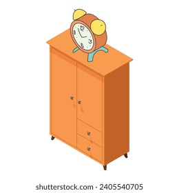Icono de reloj de alarma vector isométrico. Reloj retro de alarma en la vitrina de madera. Concepto de tiempo, elemento interior