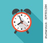 Alarm clock icon with long shadow. Flat design style. Clock silhouette. Simple icon. Modern flat icon in stylish colors. Web site page and mobile app design element.