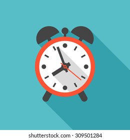 Alarm clock icon with long shadow. Flat design style. Clock silhouette. Simple icon. Modern flat icon in stylish colors. Web site page and mobile app design element.