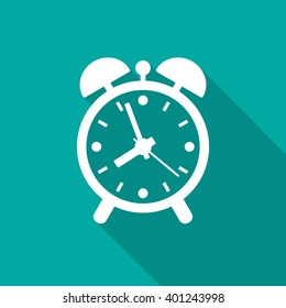 Alarm clock icon with long shadow. Flat design style. Old clock silhouette. Simple green icon. Modern flat icon. Web site page and mobile app design element.