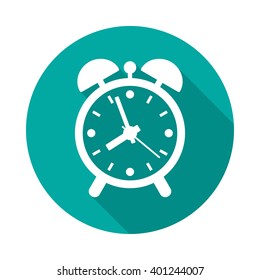 Alarm clock icon with long shadow. Flat design style. Round icon. Old clock silhouette. Simple circle green icon. Modern flat icon. Web site page and mobile app design element.