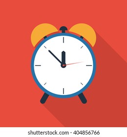 Alarm clock icon with long shadow. Mobile app and web page design element. Vector illustration.