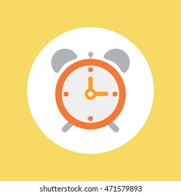 Alarm clock icon with long shadow. Flat design style. Clock silhouette. Simple icon. Modern flat icon in stylish colors. Web site page and mobile app design element.