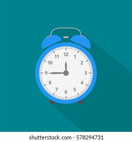 Alarm clock icon with long shadow. Flat design style. Vector illustration.