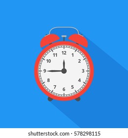 Alarm clock icon with long shadow. Flat design style. Vector illustration.