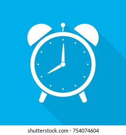 Alarm clock icon with long shadow, on blue background. Vector Illustration. Alarm clock in flat design.