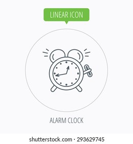 Alarm clock icon. Mechanical retro time sign. Watch with bell symbol. Linear outline circle button. Vector