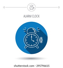 Alarm clock icon. Mechanical retro time sign. Watch with bell symbol. Blue flat circle button. Linear icon with shadow. Vector