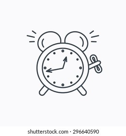 Alarm clock icon. Mechanical retro time sign. Watch with bell symbol. Linear outline icon on white background. Vector