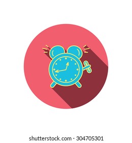 Alarm clock icon. Mechanical retro time sign. Watch with bell symbol. Red flat circle button. Linear icon with shadow. Vector