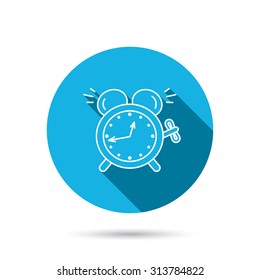 Alarm clock icon. Mechanical retro time sign. Watch with bell symbol. Blue flat circle button with shadow. Vector