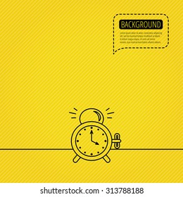 Alarm clock icon. Mechanical retro time sign. Watch with bell symbol. Speech bubble of dotted line. Orange background. Vector