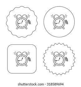 Alarm clock icon. Mechanical retro time sign. Watch with bell symbol. Flat circle, star and emblem buttons. Labels design. Vector