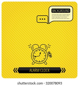 Alarm clock icon. Mechanical retro time sign. Watch with bell symbol. Chat speech bubbles. Orange line background. Vector