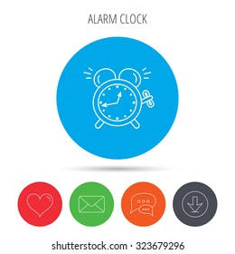 Alarm clock icon. Mechanical retro time sign. Watch with bell symbol. Mail, download and speech bubble buttons. Like symbol. Vector