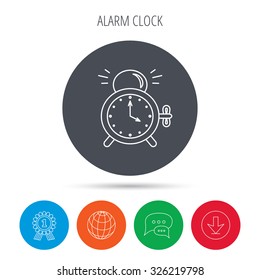 Alarm clock icon. Mechanical retro time sign. Watch with bell symbol. Globe, download and speech bubble buttons. Winner award symbol. Vector