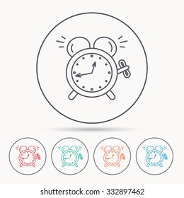 Alarm clock icon. Mechanical retro time sign. Watch with bell symbol. Linear circle icons.
