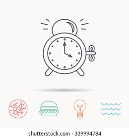 Alarm clock icon. Mechanical retro time sign. Watch with bell symbol. Global connect network, ocean wave and burger icons. Lightbulb lamp symbol.